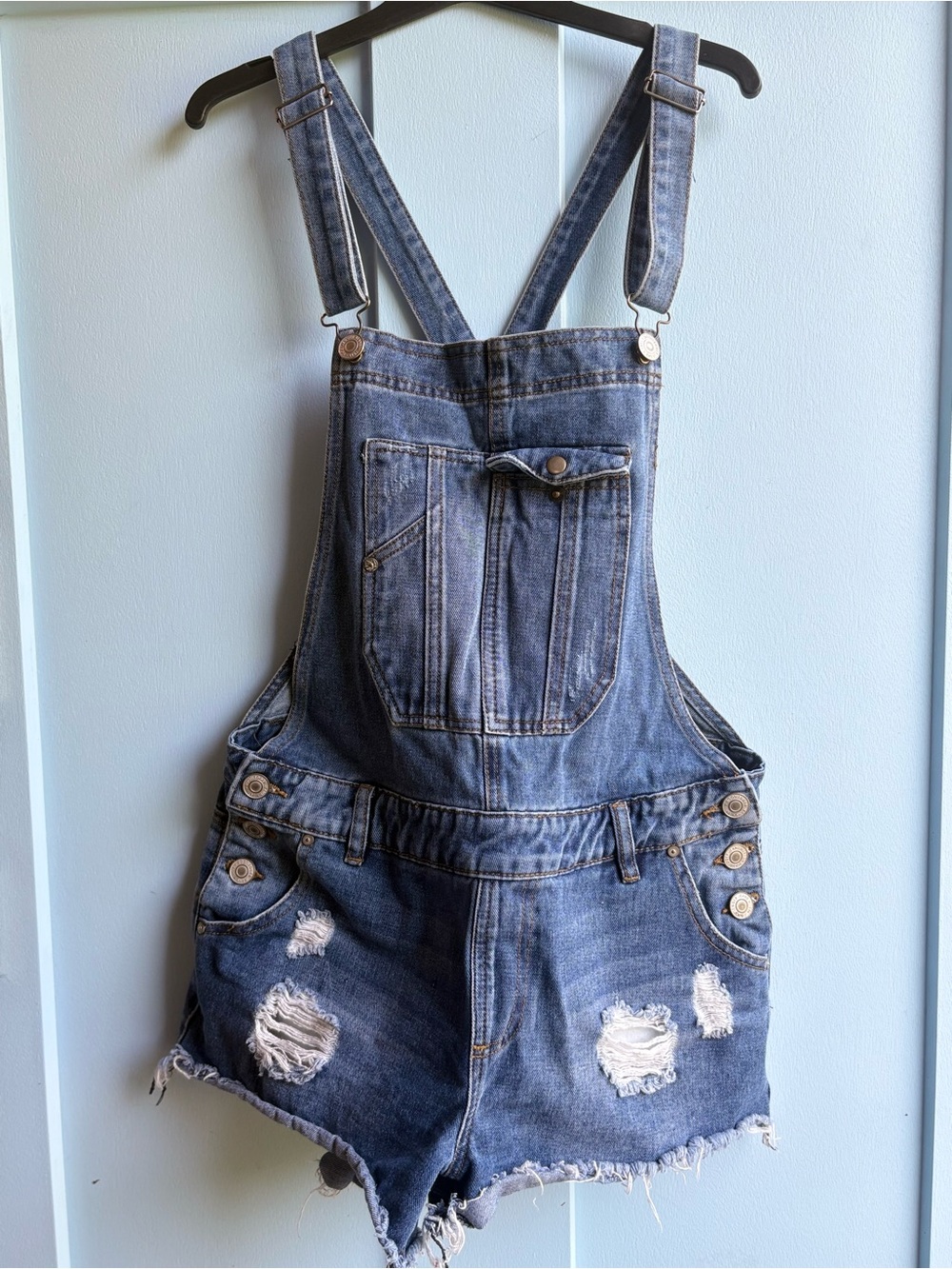 Denim Short Overalls - Distressed Blue